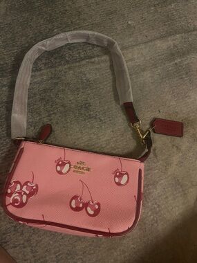 Pink Cherry Print Leather Shoulder Bag